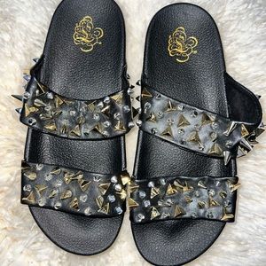 Black Faux Leather Slides